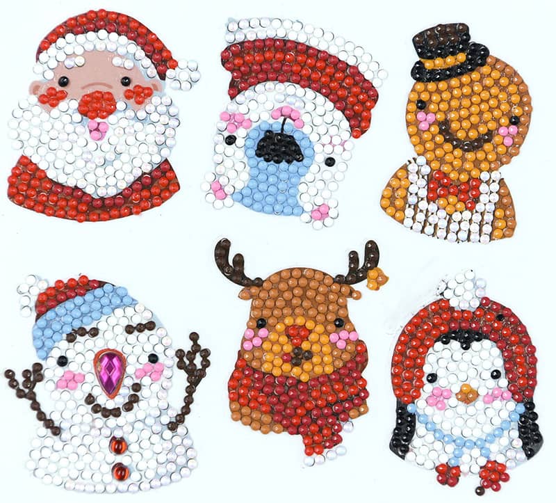 Diamond painting stickers with Christmas faces including Santa, snowman, penguin, gingerbread man, polar bear, and reindeer designs.