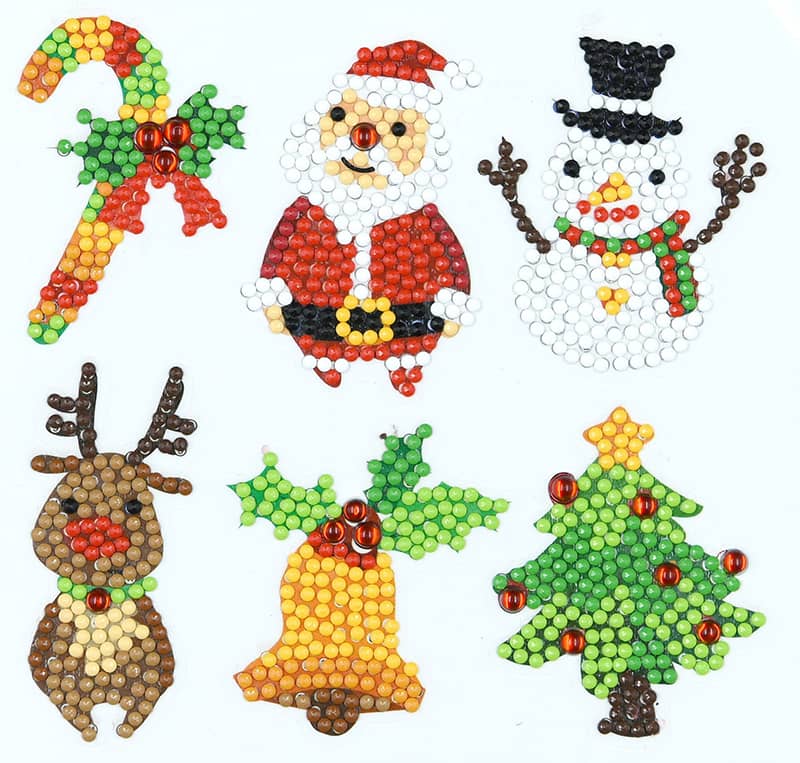 Christmas-themed diamond painting stickers including Santa, snowman, reindeer, candy cane, bell, and Christmas tree designs.