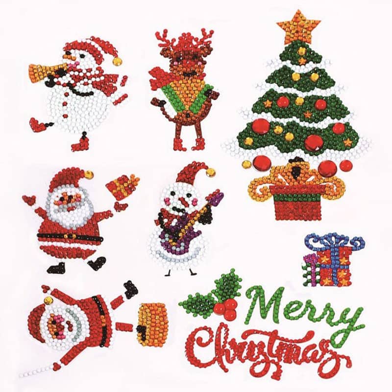 Diamond Painting Sticker - Merry Christmas with festive designs of Santa, snowmen, reindeer, Christmas tree, and gifts in sparkling colors.