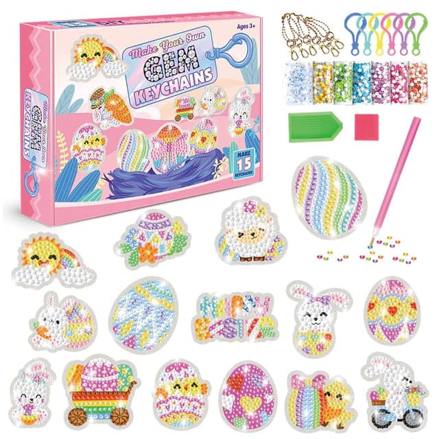 Diamond Painting Easter Egg Keychain Kit with colorful beads, accessories, and 15 charming designs for craft enthusiasts.