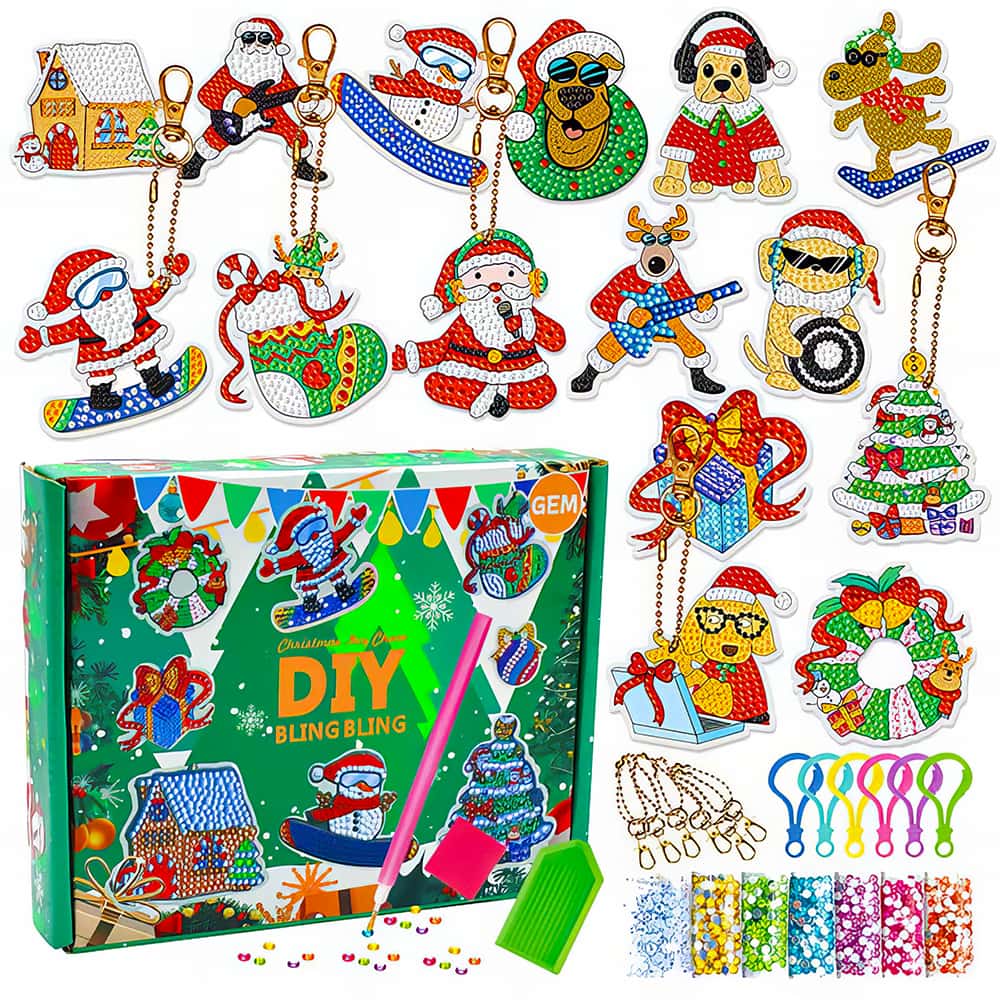 Diamond painting key ring Christmas set with festive designs, crafting tools, and colorful gems.