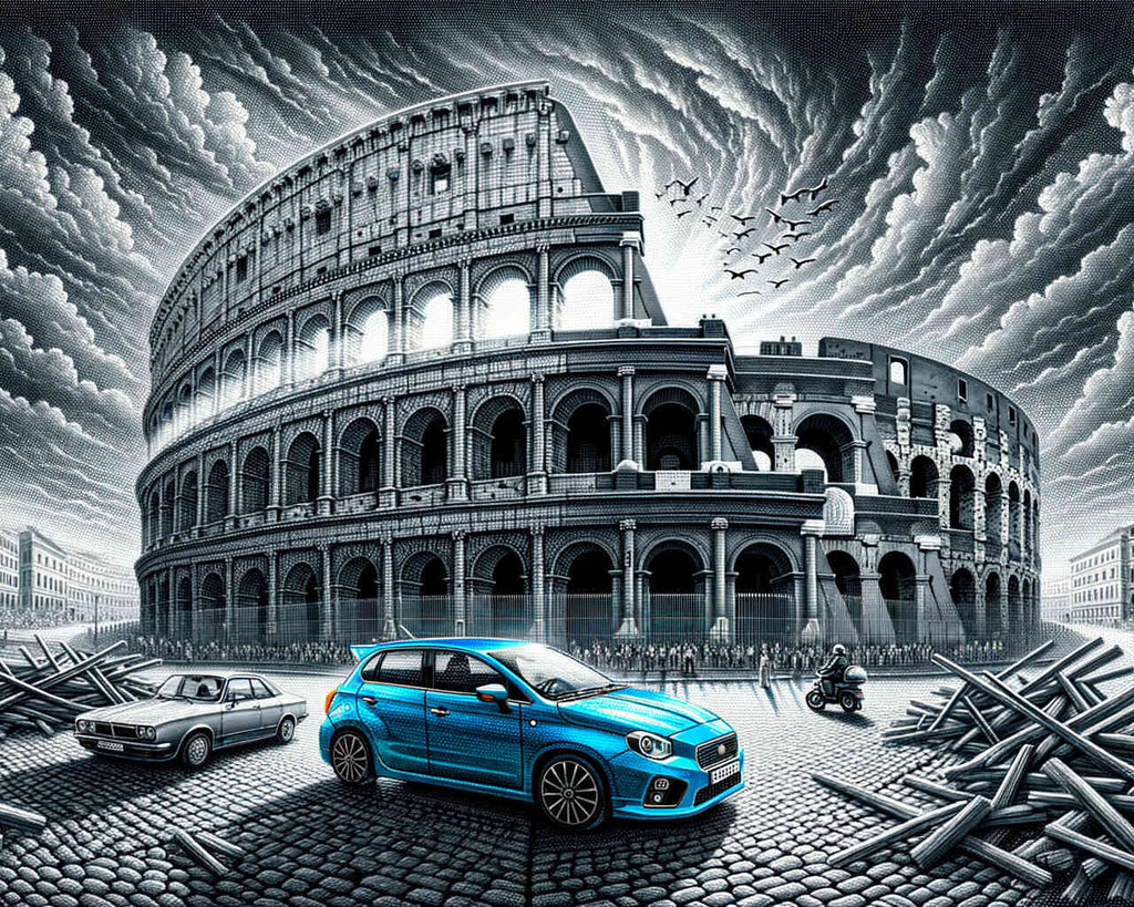 Diamond painting of Rome's Colosseum featuring a vibrant blue car in the foreground on a dramatic cobblestone street.