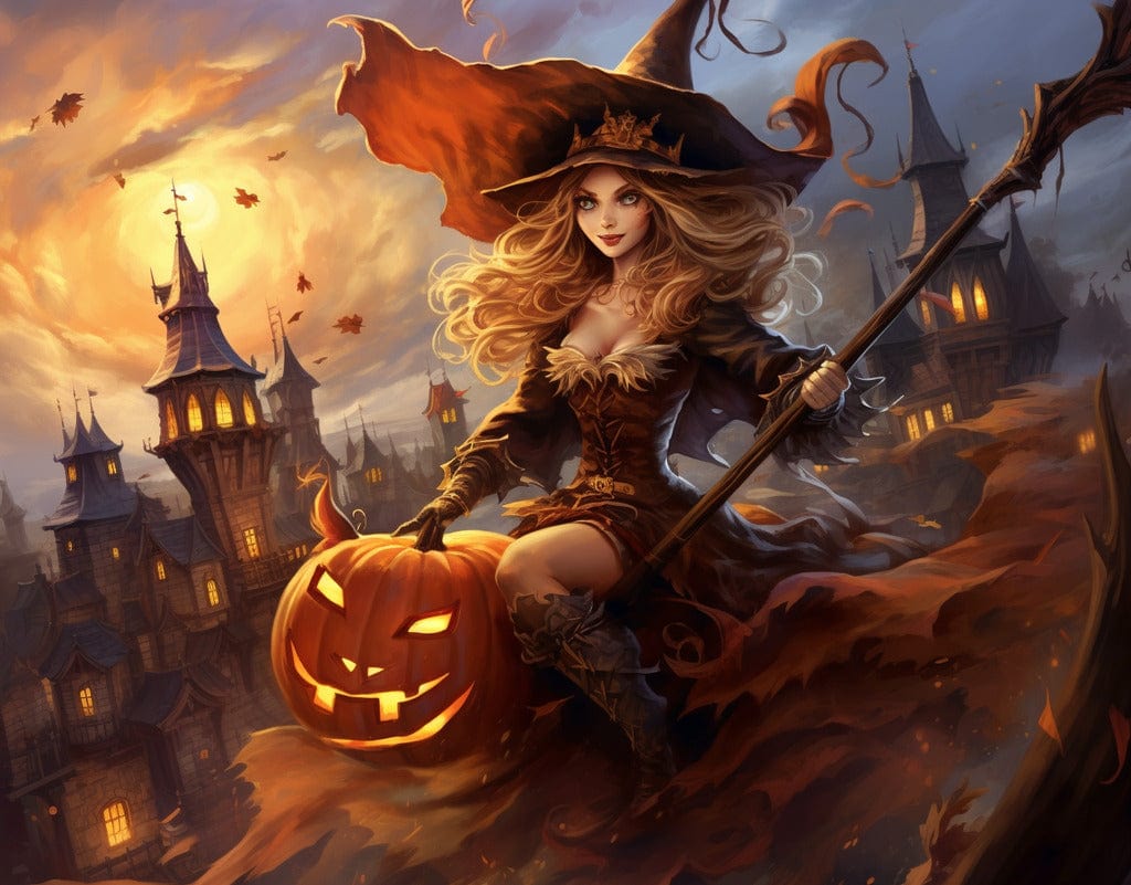 Diamond Painting - Halloween, witch riding a broom