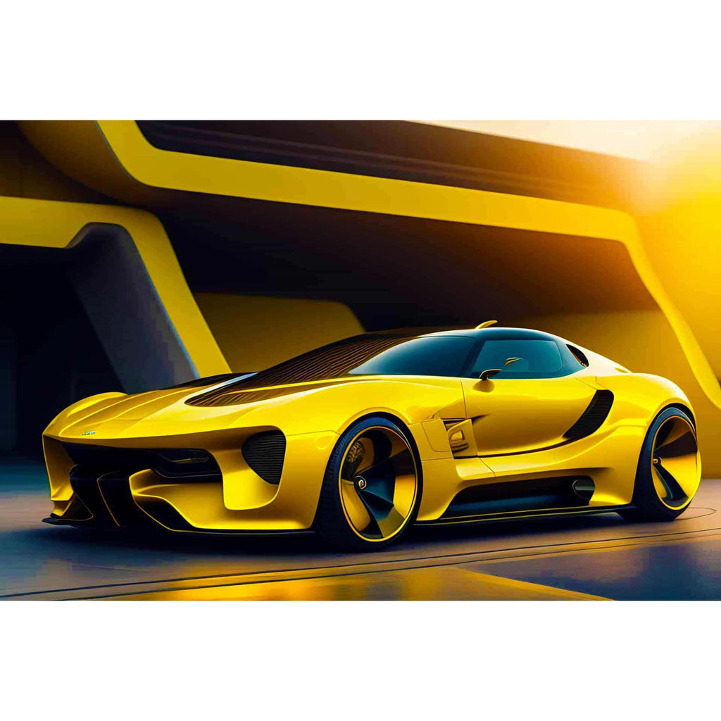 Diamond Painting - Yellow sports car with sleek modern design against futuristic backdrop at sunset.