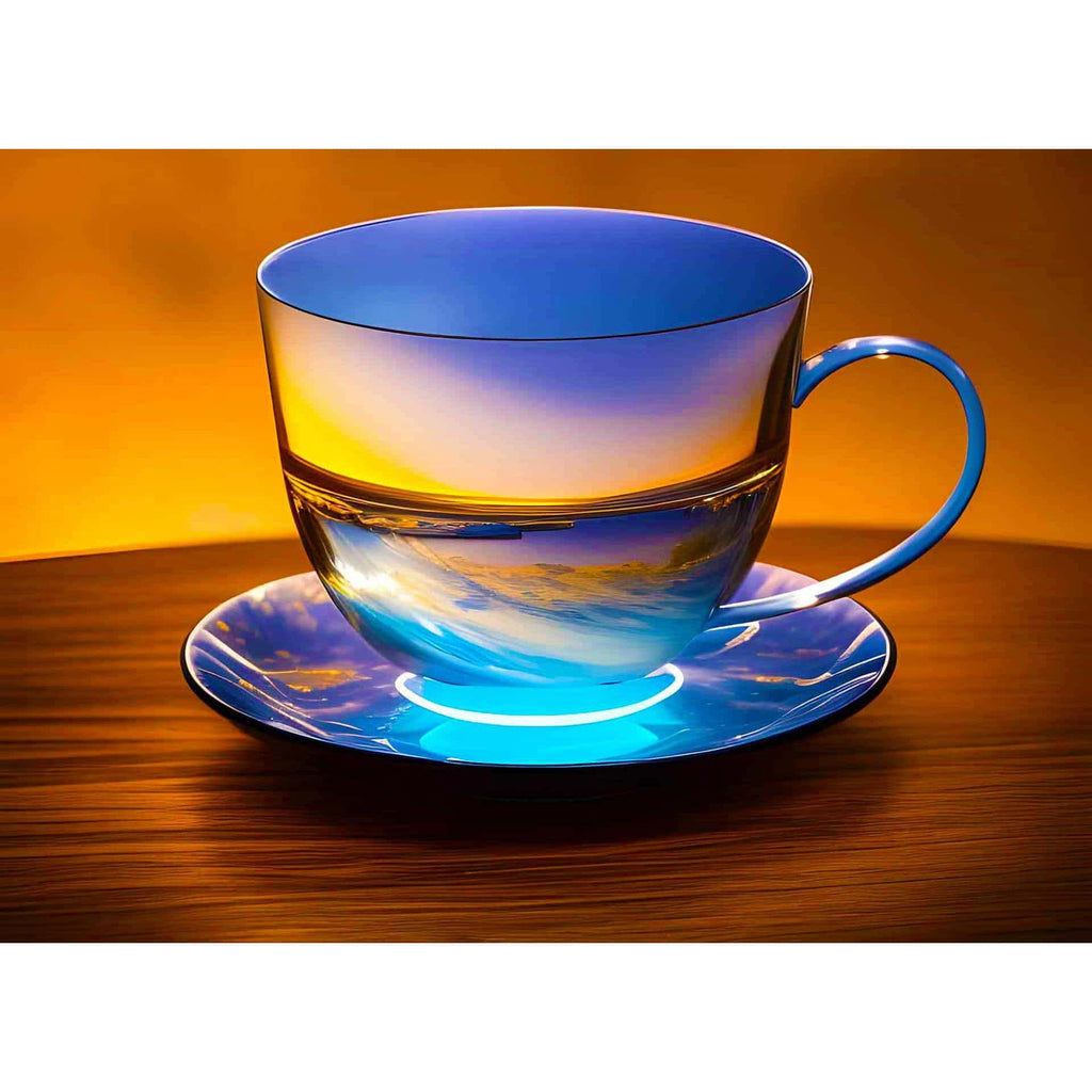 Diamond Painting Tea View featuring a serene sky inside a blue tea cup on a wooden surface.