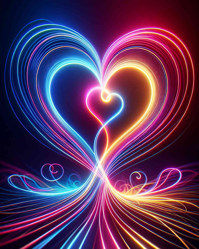 Neon double heart diamond painting with vibrant colors and shimmering lines, creating a magical and captivating art piece.