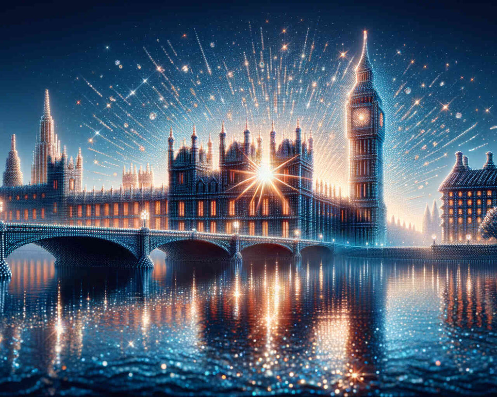 Diamond painting of Big Ben with a sparkling night sky, featuring starry reflections on the River Thames.