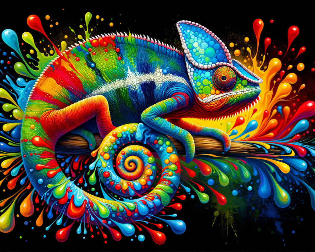 Colorful diamond painting of a chameleon with splashes of vibrant colors on a black background.