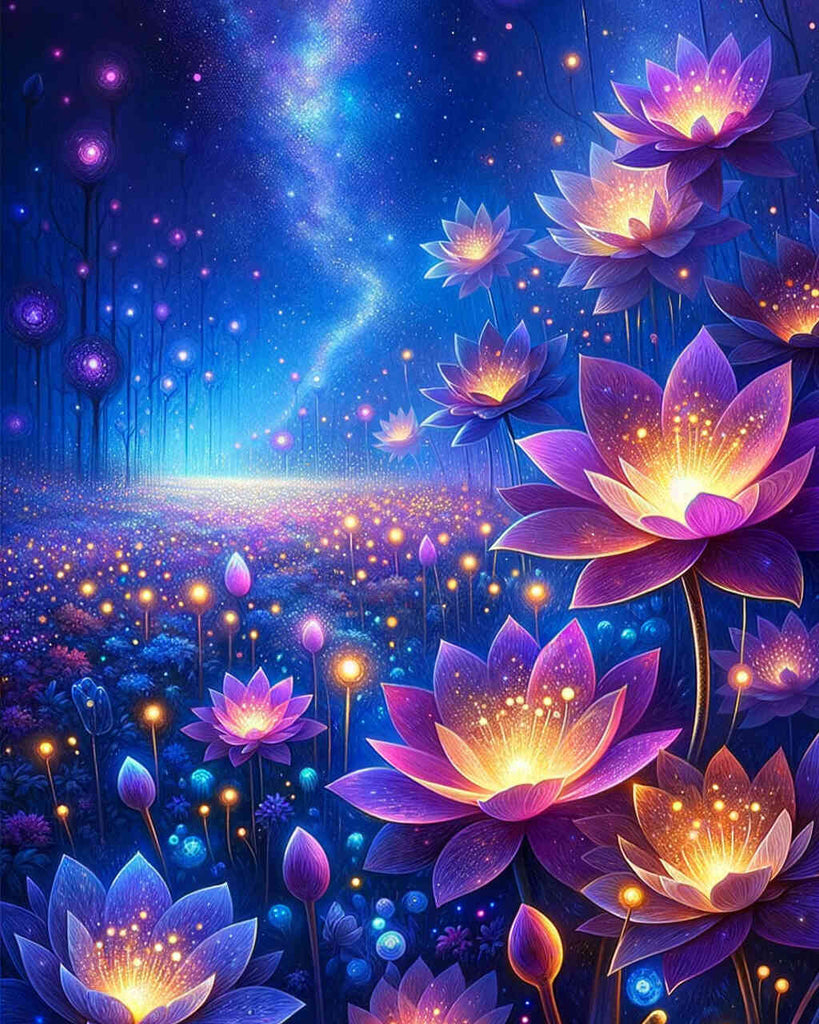 Glowing diamond painting of vibrant purple and yellow flowers in a mystical, light-filled forest.