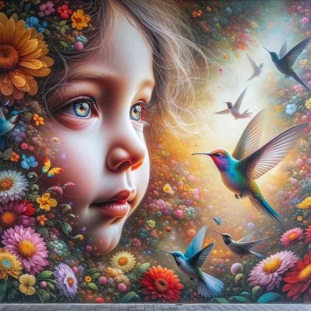 Diamond Painting - Child with hummingbird and butterflies