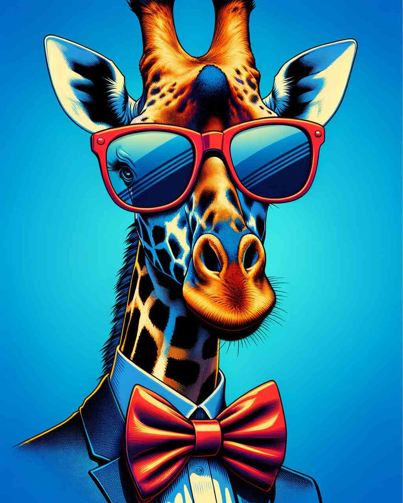 Diamond painting of a stylish giraffe wearing a bow tie and glasses with a vibrant blue background.