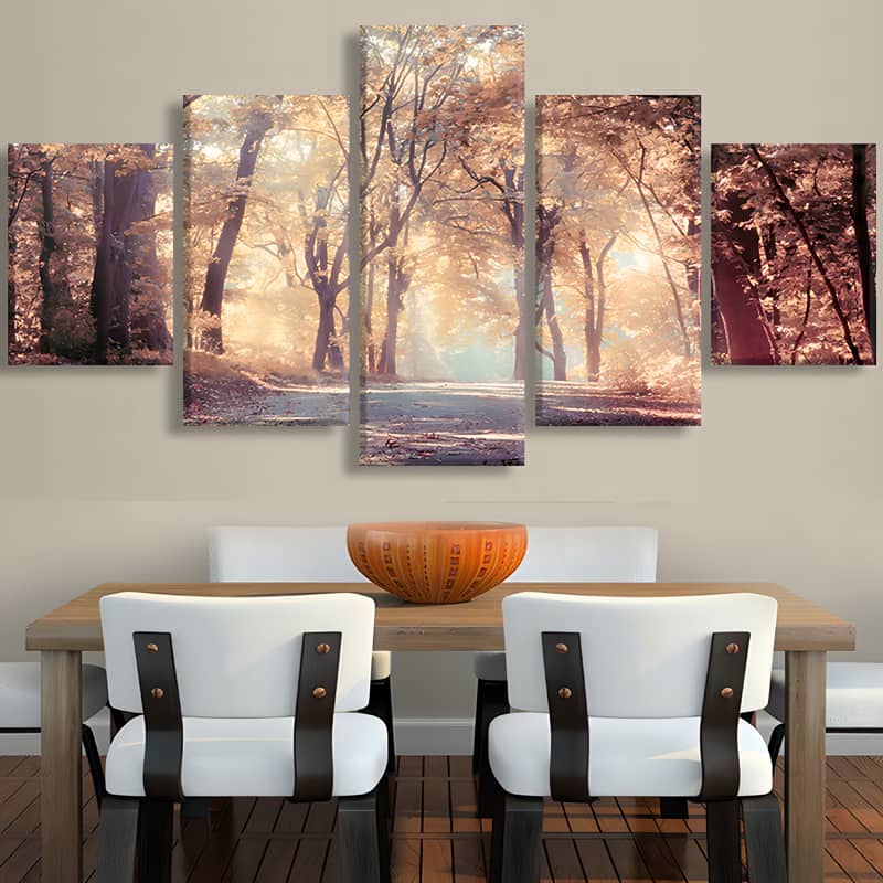 Diamond Painting 5 pieces - Alley in fall light displayed above a modern dining table setting.