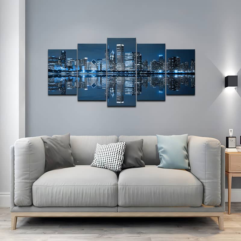 Diamond Painting 5-piece Blue Illuminated Skyline above Modern Sofa