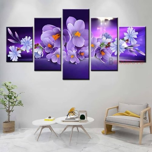 Five-piece diamond painting of purple and pink flowers displayed on a living room wall with modern decor.