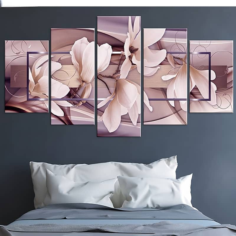 Five-piece diamond painting featuring white flowers against a patterned background, displayed above a bed.