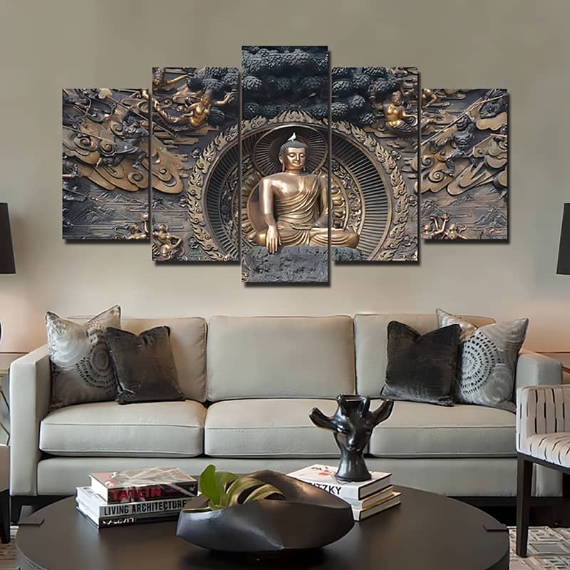 Elegant 5-piece diamond painting of Buddha on a living room wall, adding a touch of serenity and sophistication to the decor
