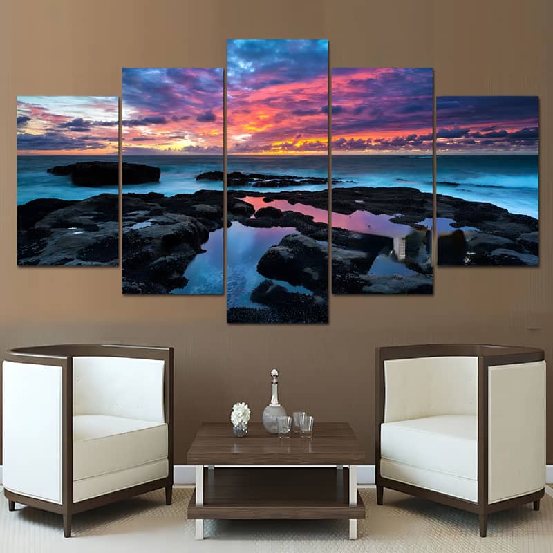 Diamond Painting 5 Parts Colorful Sunset Reflection Above Rocky Shoreline Wall Art in Modern Living Room