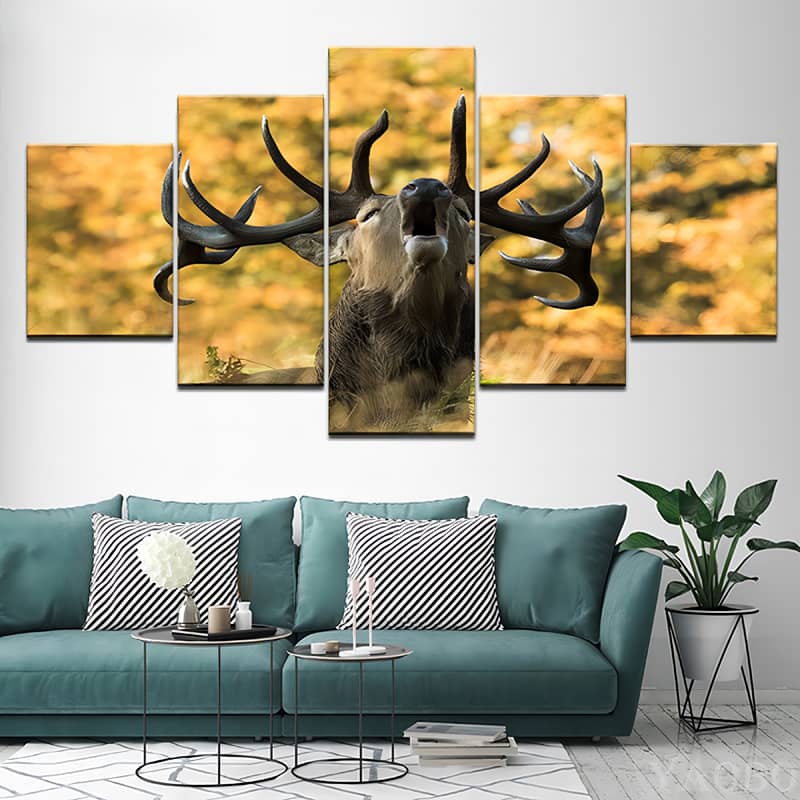 Five-piece diamond painting of a majestic deer in summer, perfect wall art for living room decor.