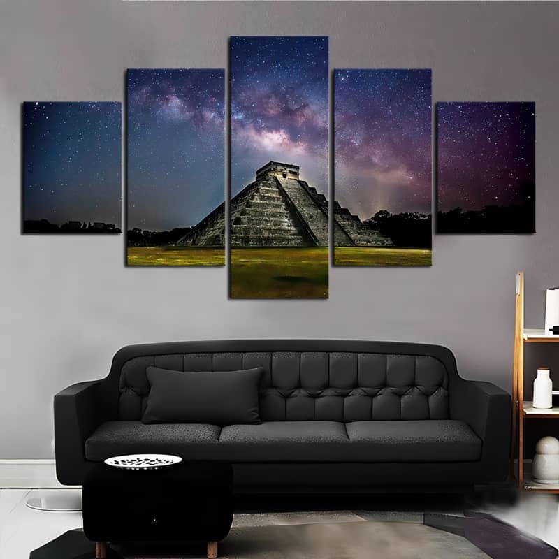 Diamond Painting 5-piece set of Inca Temple displayed in a modern living room with a black sofa.