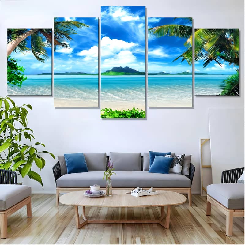 Diamond Painting 5-piece set - Caribbean dream island in the sea, displayed in a modern living room.