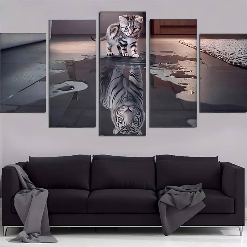 Diamond Painting 5 pieces - Little Cat and White Tiger Mirror Image in Black and White above Sofa