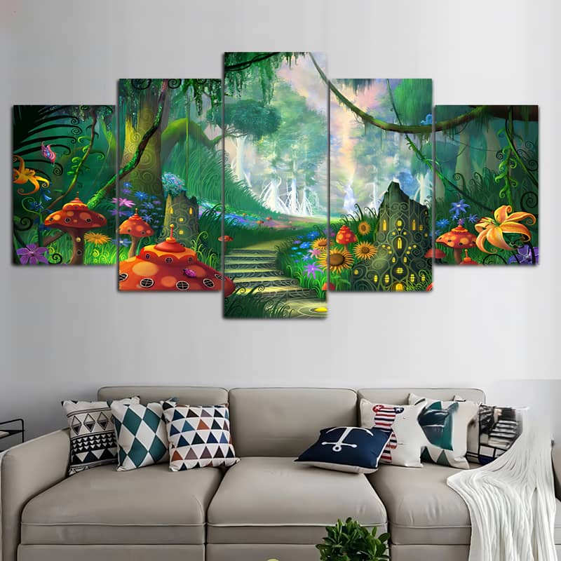 5-piece diamond painting featuring a fairytale forest stair landscape with vibrant mushrooms and enchanting scenery, displayed above a modern sofa.