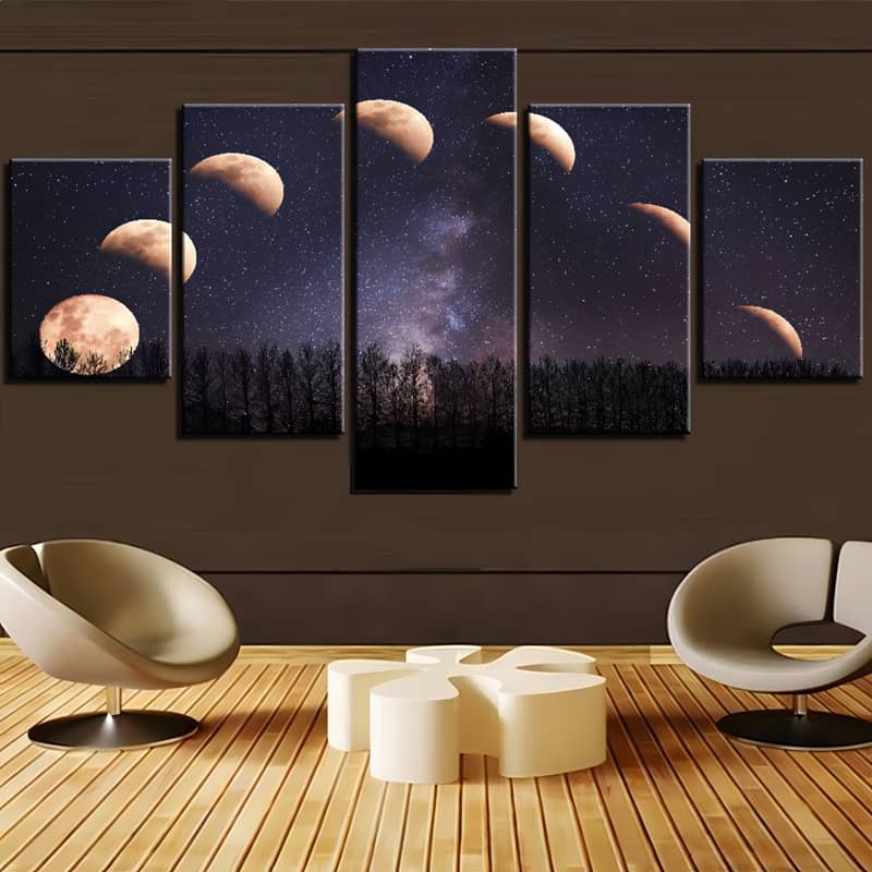 Diamond Painting 5 pieces depicting moon phases in the starry sky above a dark forest, perfect for wall decoration.
