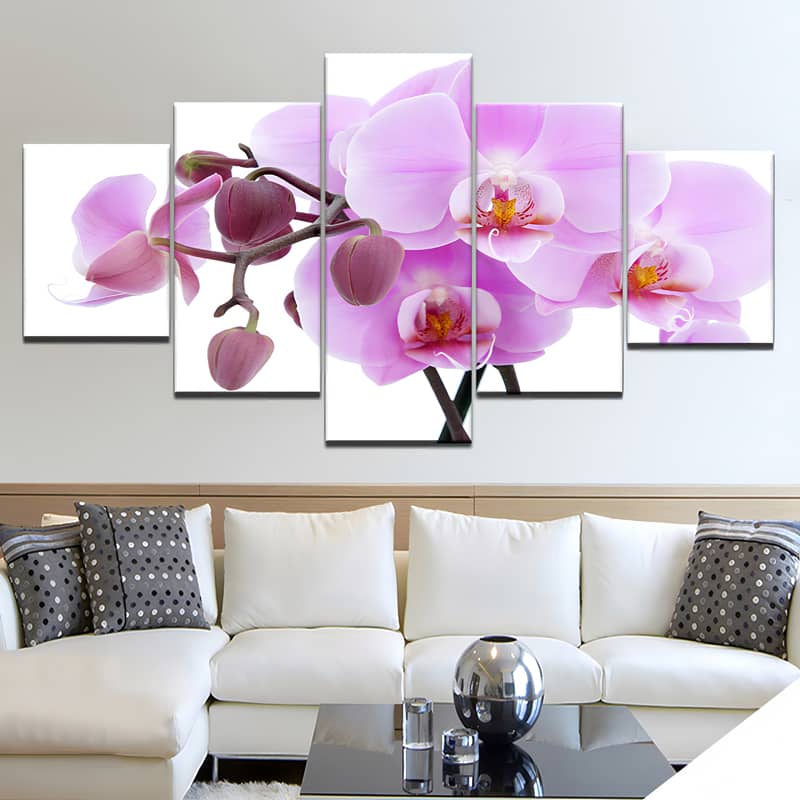 5-piece diamond painting set featuring large violet orchid on wall above modern white sofa