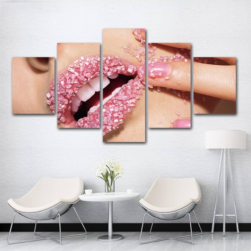 Diamond Painting 5-piece set - Pink Glamour wall art decor featuring pink crystal lips and fingers, modern home interior design