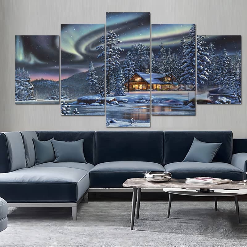 Diamond Painting 5 pieces - Northern lights in winter forest with house by river wall art in modern living room