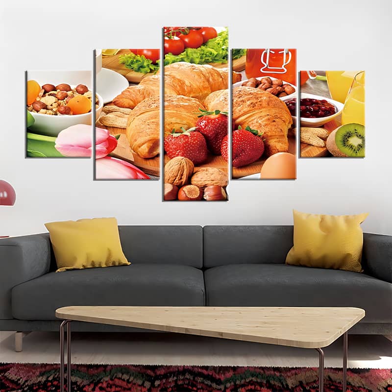 Diamond painting of richly laid breakfast table with croissants, strawberries, nuts, and fresh juice, displayed as a 5-piece wall art.