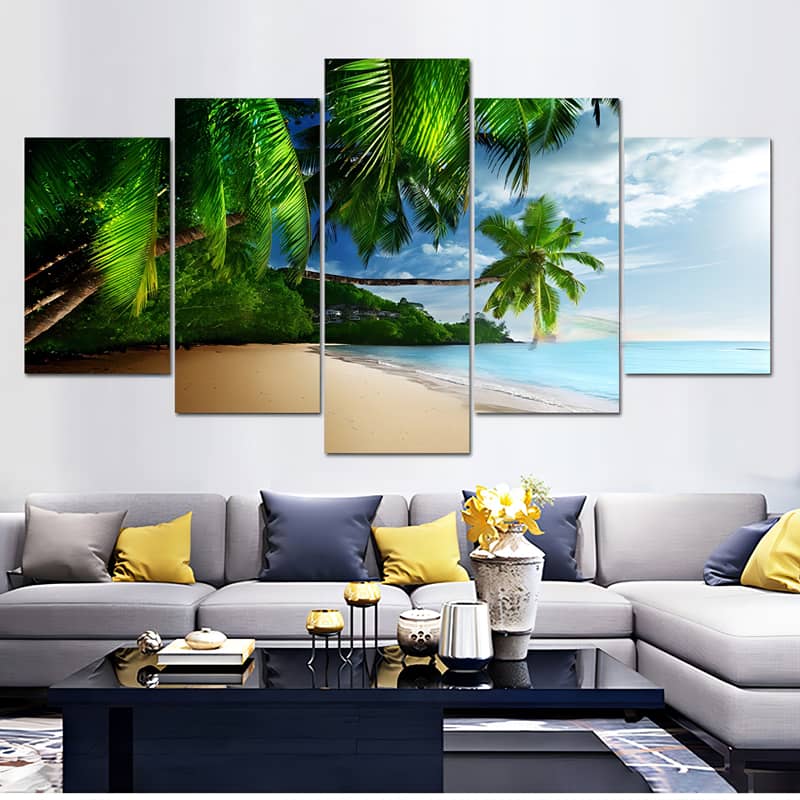 Diamond painting 5 pieces depicting a dreamlike sandy beach with vibrant palm trees, perfect for enhancing living room decor.