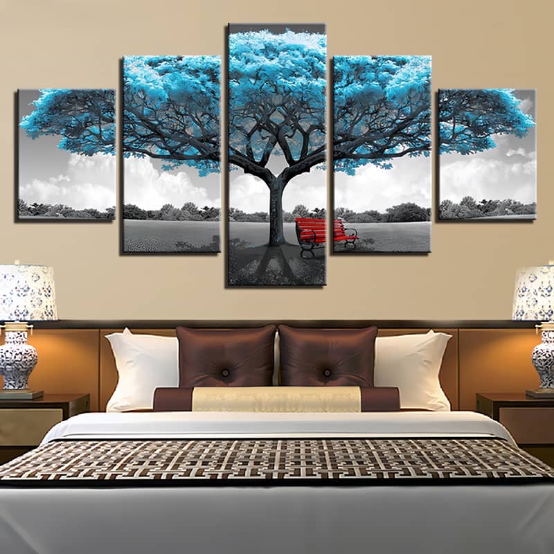 Diamond Painting 5-piece wall art featuring a turquoise tree and red bench, perfect for bedroom decor.