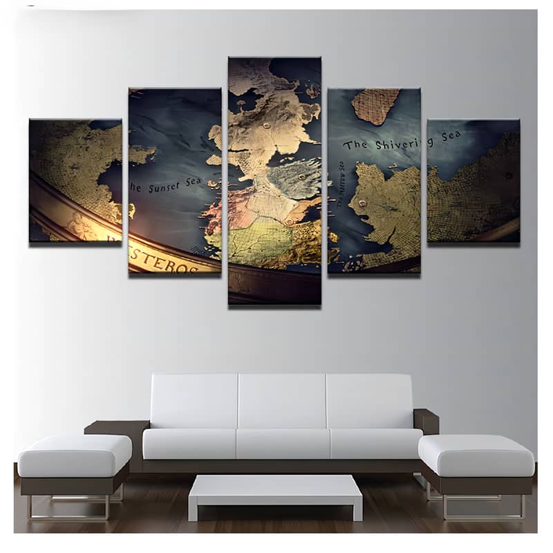 Diamond painting 5-piece world map impression wall art above modern white sofa in stylish living room.