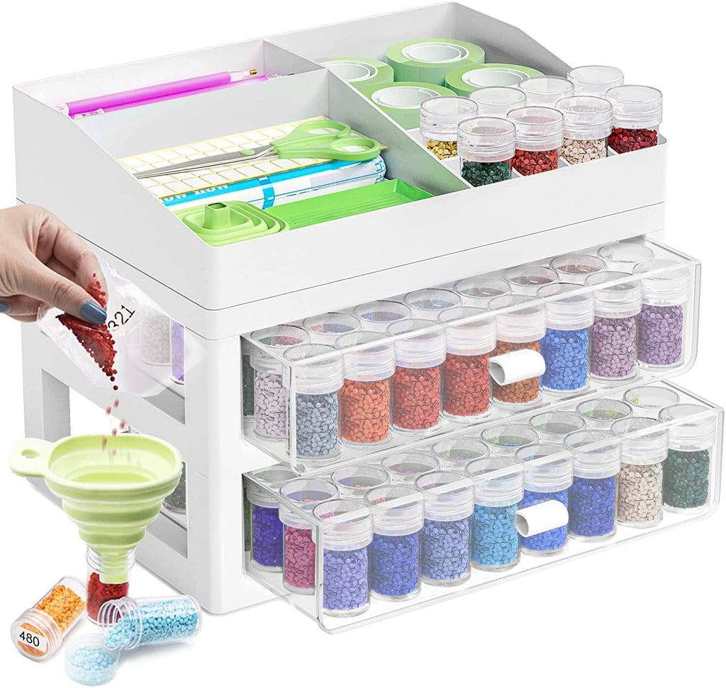 Diamond Painting Storage Box Exclusive with 2 Drawers, Top Tray, and organized diamond painting supplies in individual containers.