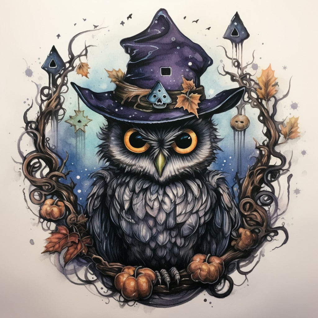 Diamond Painting - Owl with witch hat and bats