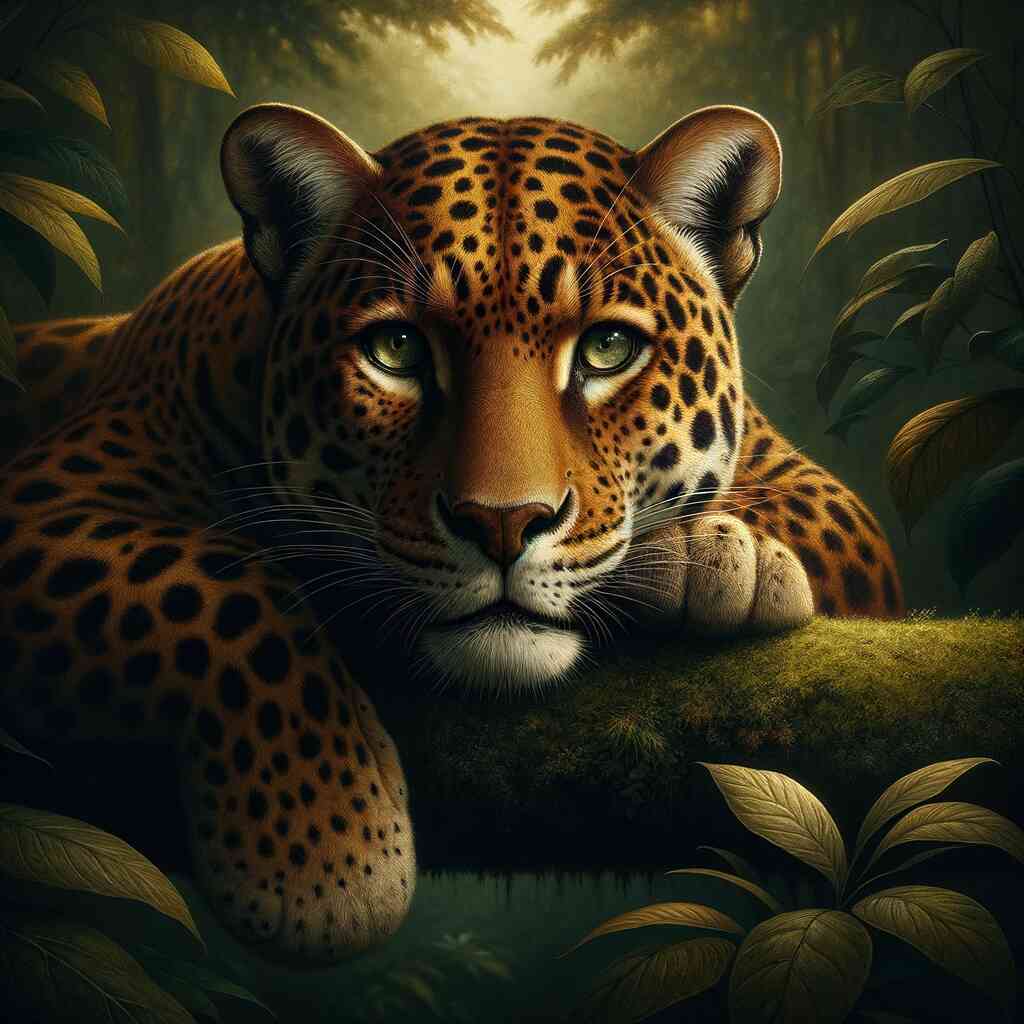 Diamond painting kit featuring a detailed leopard portrait resting on a branch in a lush forest background